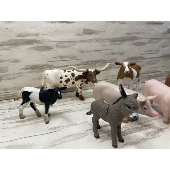 Farm Animal Figures Mixed Texas Longhorn Cow Pig Donkey Horse Kid Toy Collection - Picture 2 of 7